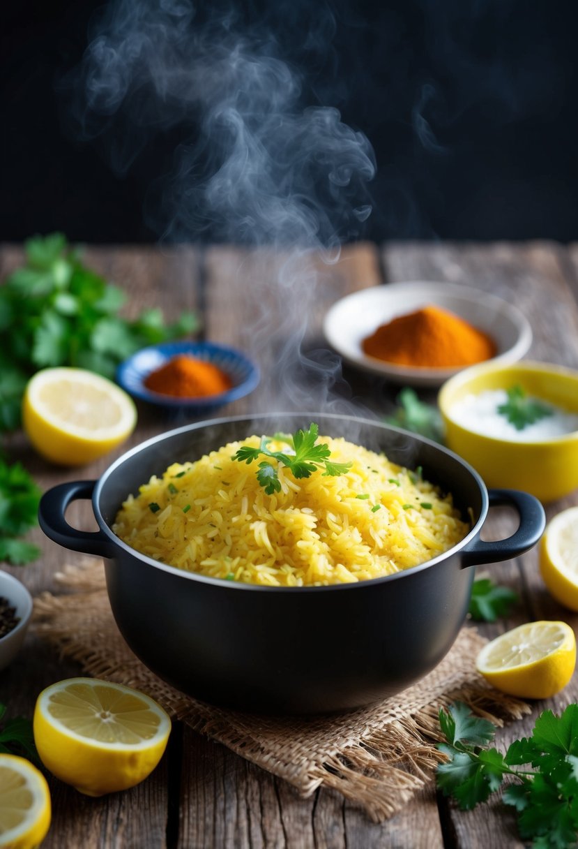 A steaming pot of lemon rice sits on a rustic wooden table, surrounded by vibrant spices and fresh lemon slices