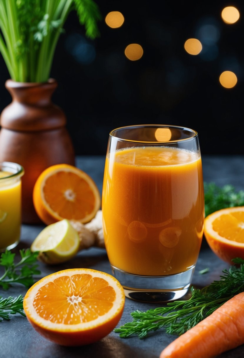 A glass of carrot orange ginger juice surrounded by fresh ingredients