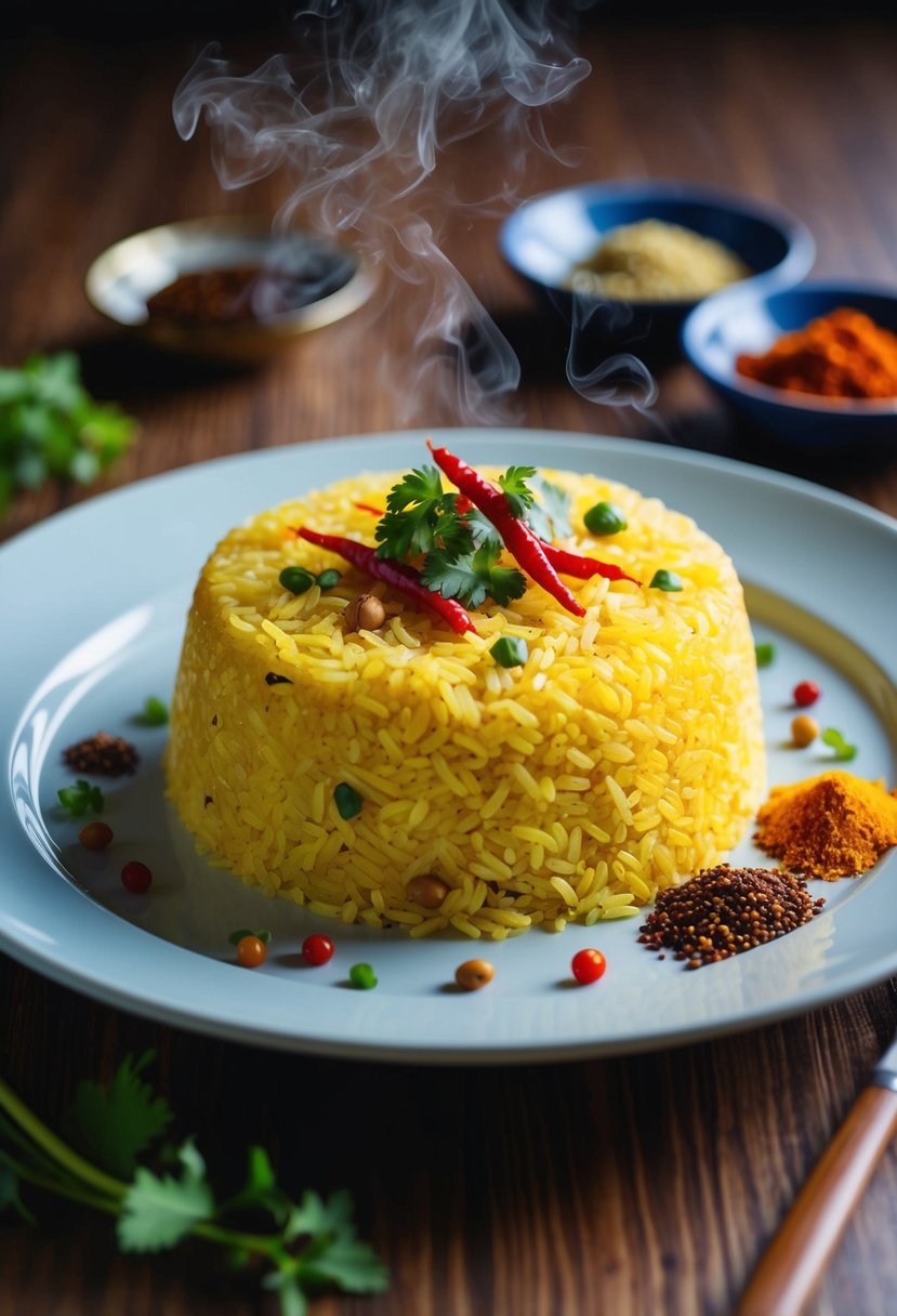 A steaming plate of tamarind rice with colorful spices and garnishes