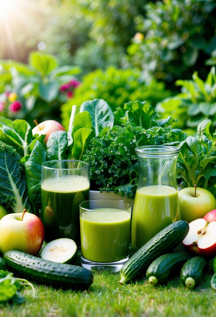 A lush garden with an array of vibrant green fruits and vegetables, including spinach, kale, cucumbers, and apples, arranged around a blender and a glass of fresh green juice