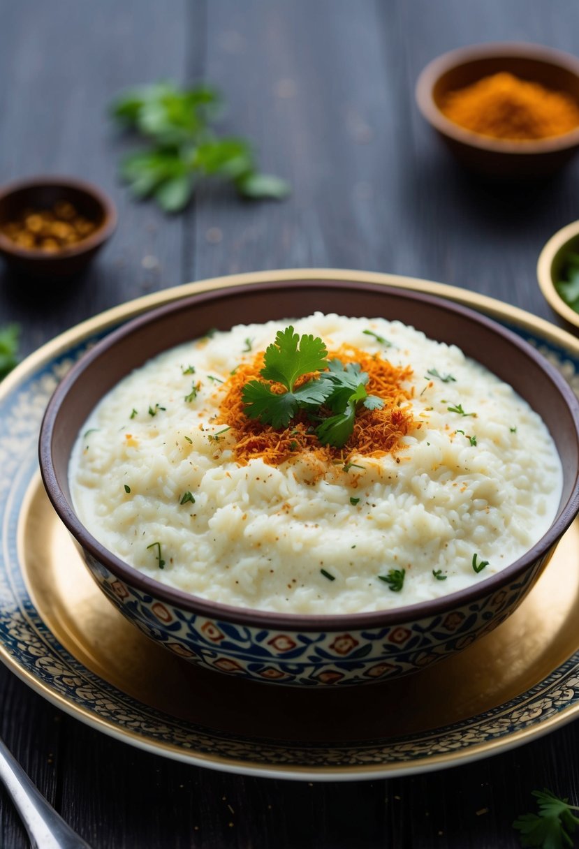 A bowl of creamy curd rice with a sprinkle of spices and herbs, served on a traditional Indian plate