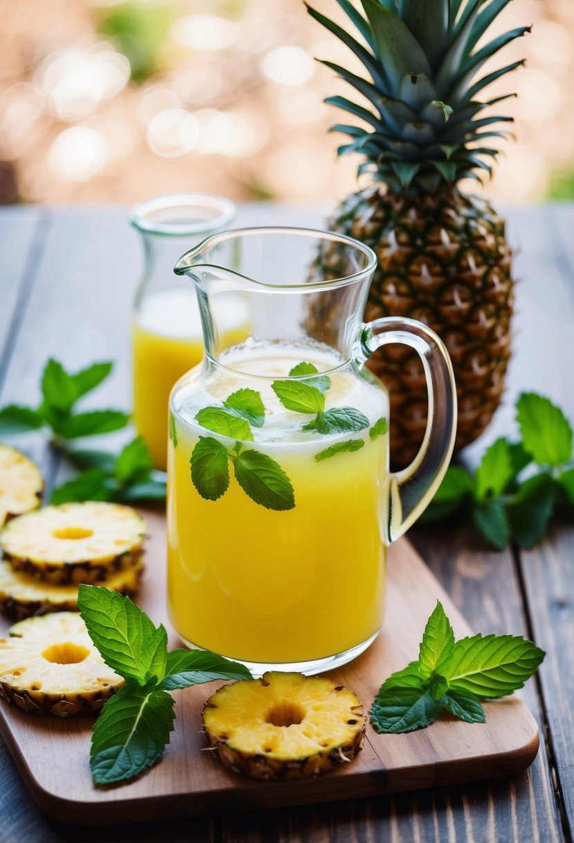 A glass pitcher filled with pineapple mint refresh juice surrounded by fresh pineapple slices and mint leaves on a wooden table