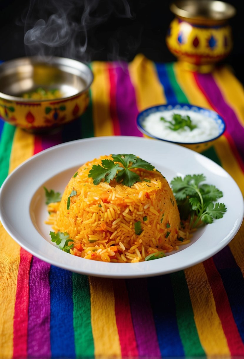 A steaming plate of tomato rice, garnished with fresh cilantro and served with a side of yogurt, sits on a colorful Indian-inspired table setting