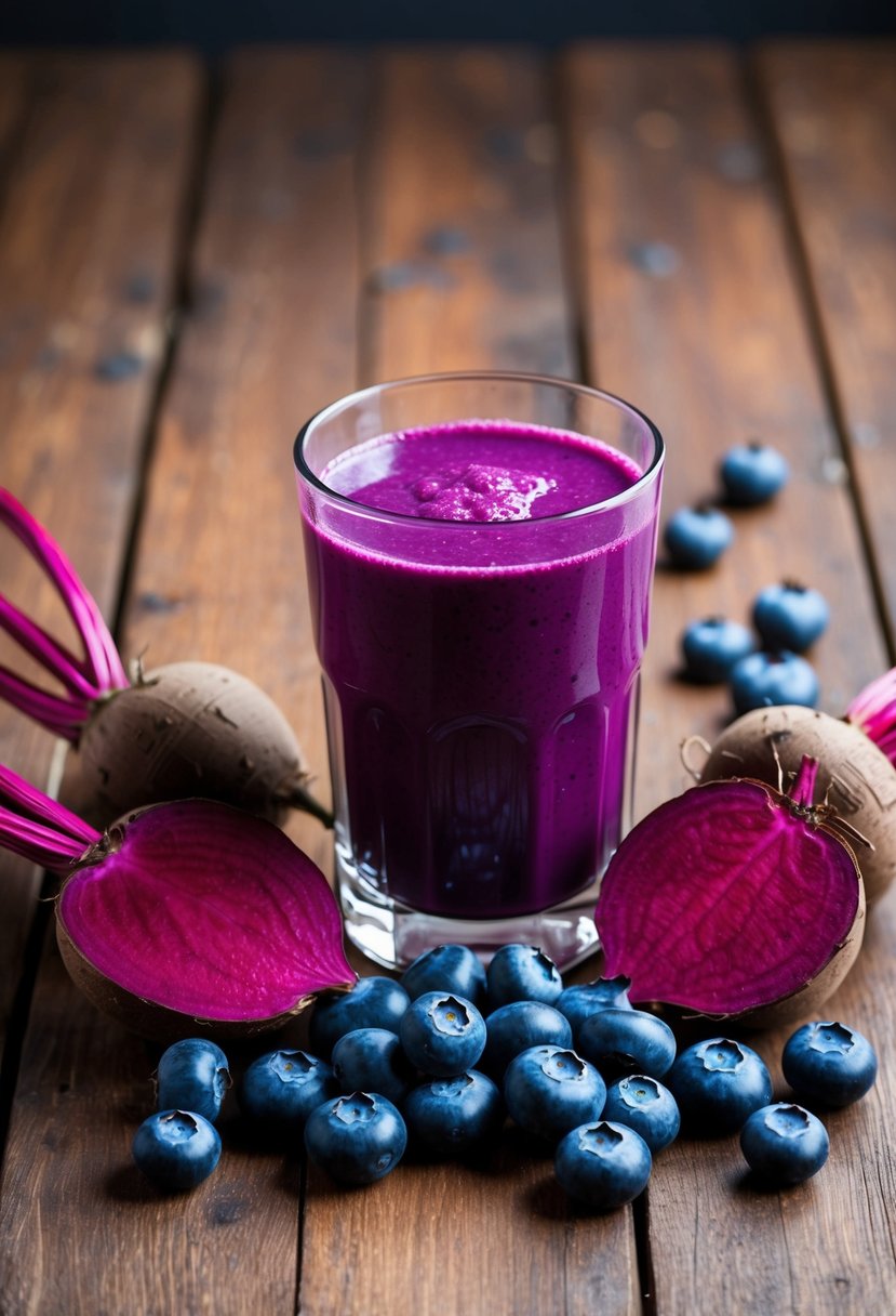 A glass of vibrant purple Blueberry Beet Boost juice surrounded by fresh blueberries and beets on a wooden table