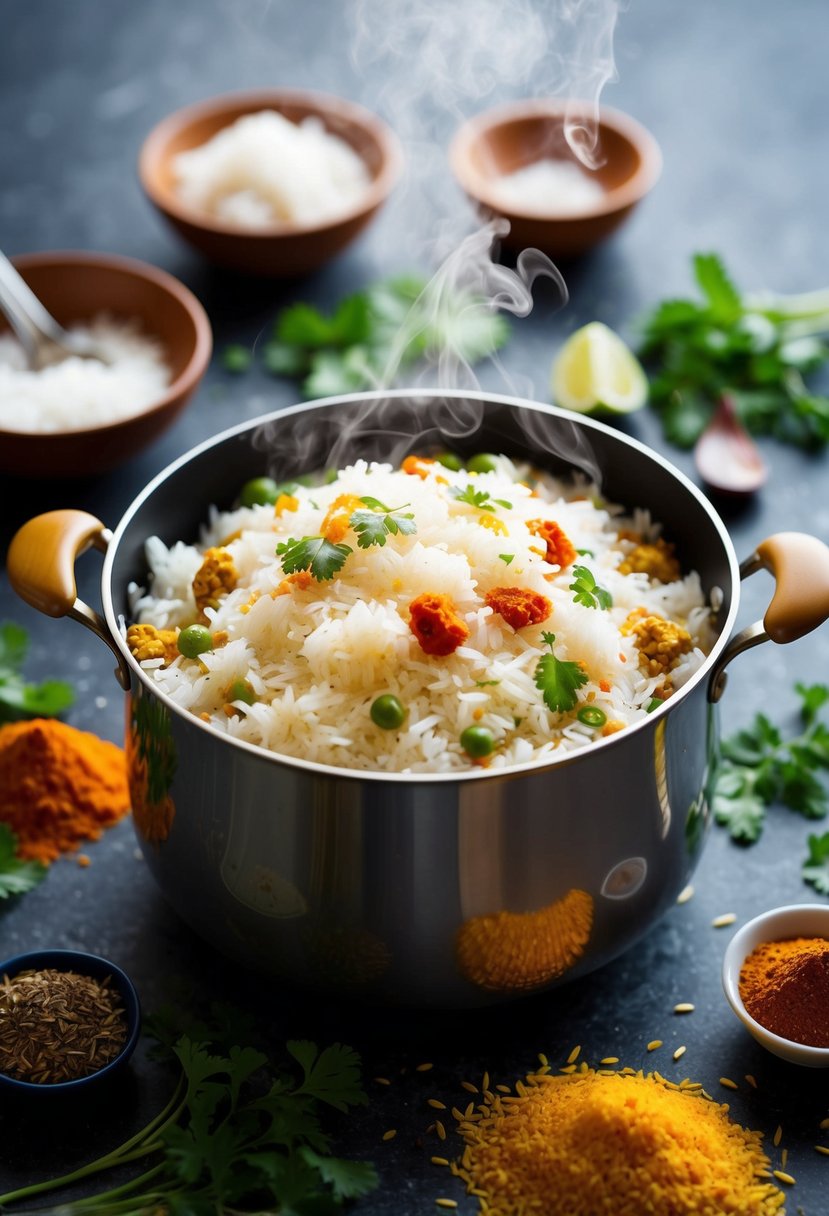 A steaming pot of coconut rice surrounded by vibrant Indian spices and a scattering of fresh herbs