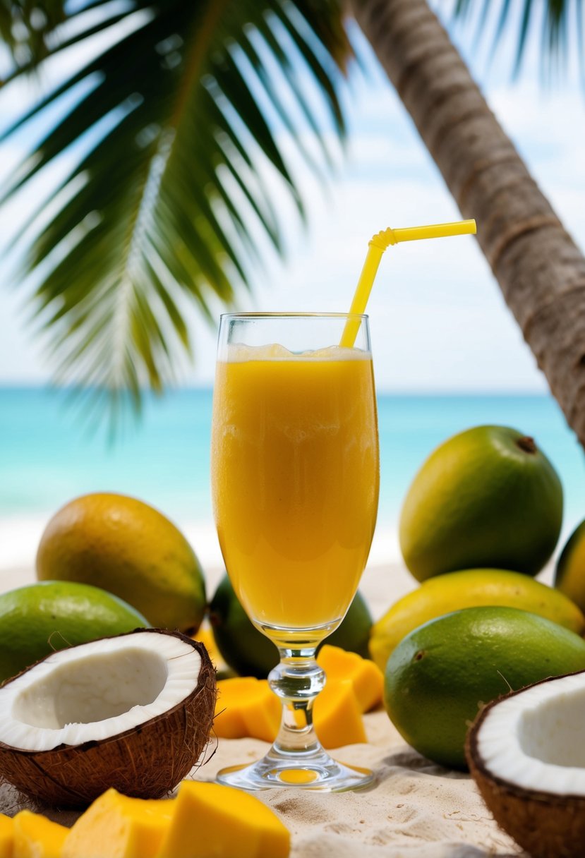 A tropical beach scene with a glass of mango coconut cooler juice, surrounded by fresh mangoes and coconuts