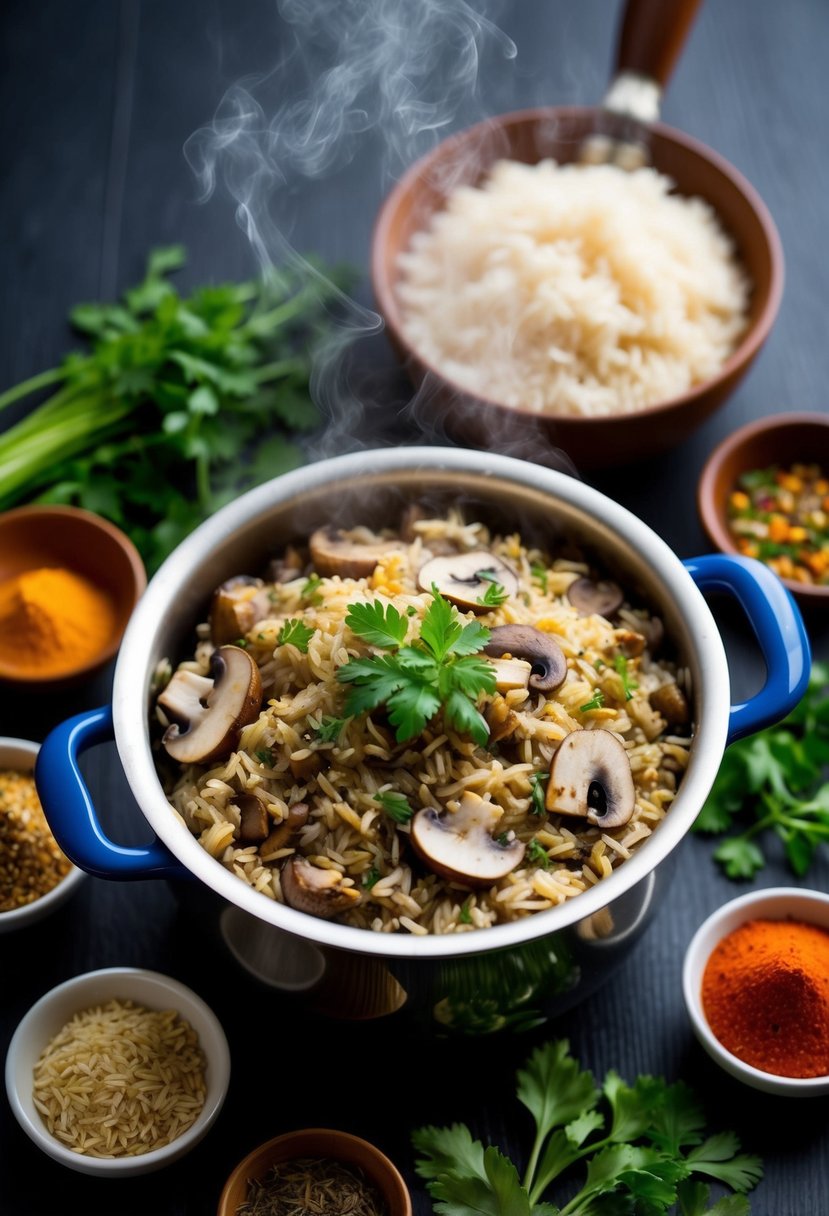 A steaming pot of mushroom rice surrounded by colorful Indian spices and fresh herbs