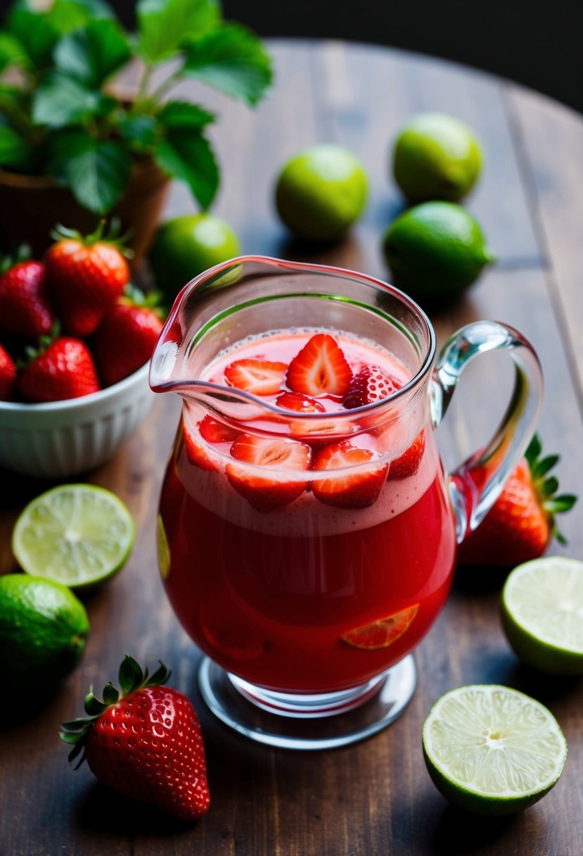 A glass pitcher filled with vibrant red strawberry lime zing juice surrounded by fresh strawberries and limes on a wooden table