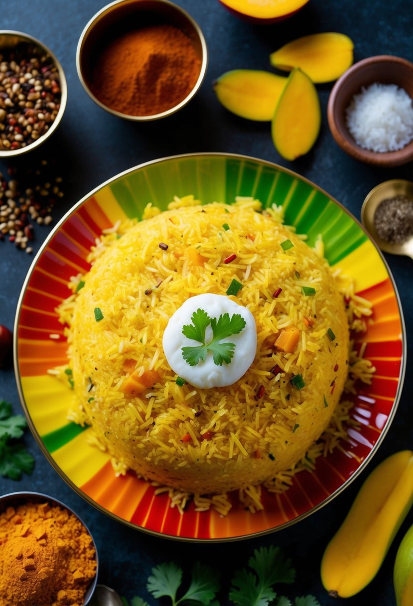 A colorful plate of mango rice surrounded by traditional Indian spices and ingredients