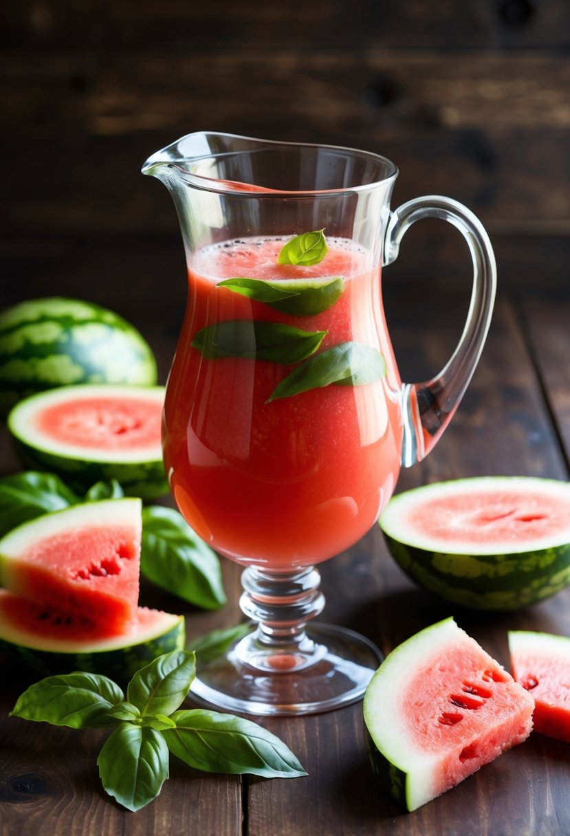 A glass pitcher filled with watermelon basil bliss juice surrounded by fresh watermelon slices and basil leaves on a wooden table