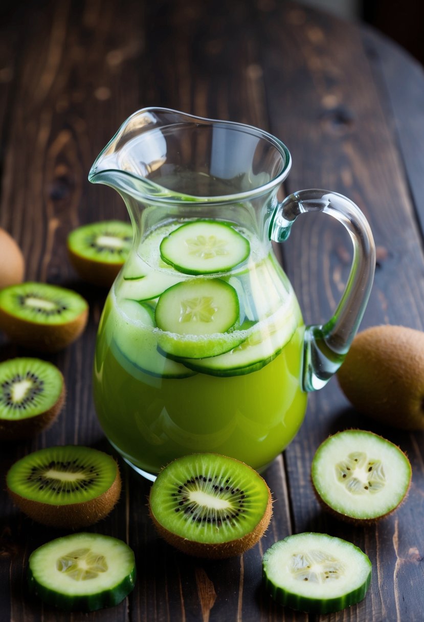 A glass pitcher filled with kiwi cucumber juice surrounded by fresh kiwi and cucumber slices on a wooden table