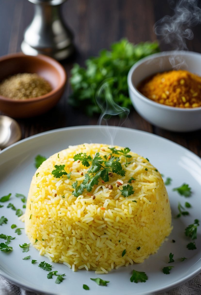 A steaming plate of garlic-infused Indian rice, garnished with fresh herbs and spices