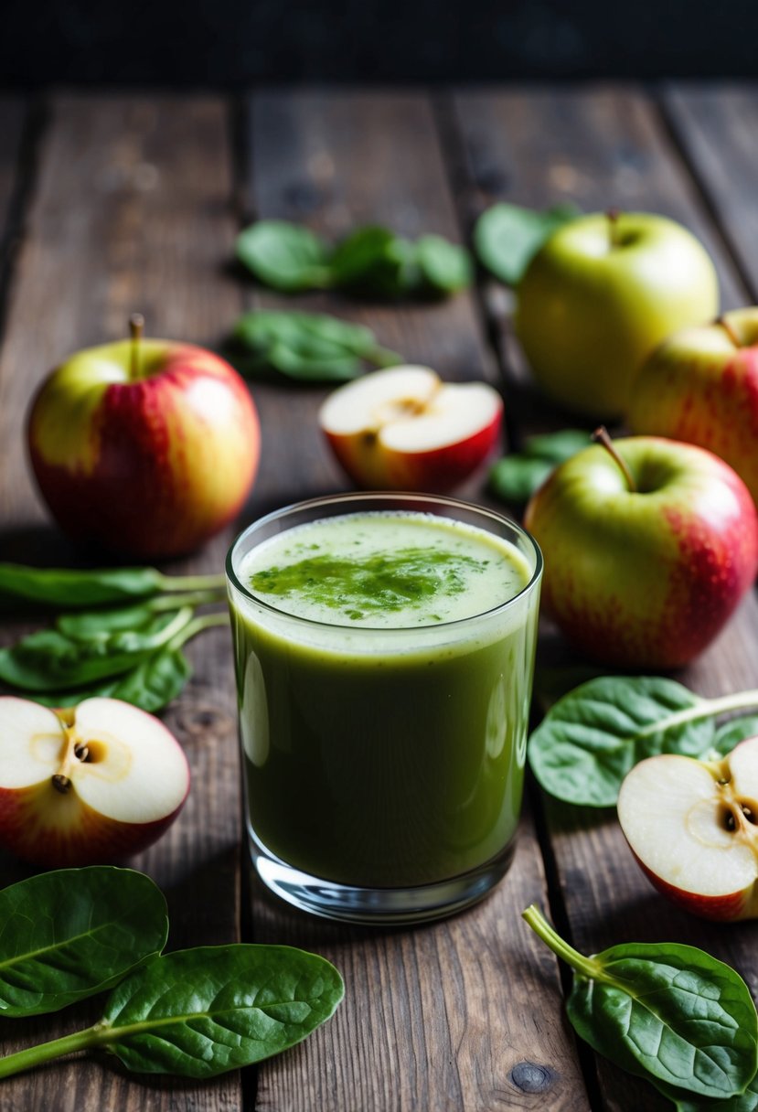 A glass of Apple Spinach Revive juice surrounded by fresh apples and spinach leaves on a wooden table