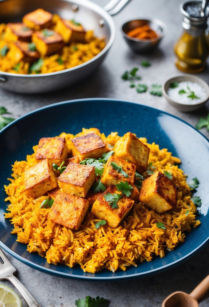 A sizzling plate of Paneer Tikka Rice with vibrant colors and aromatic spices