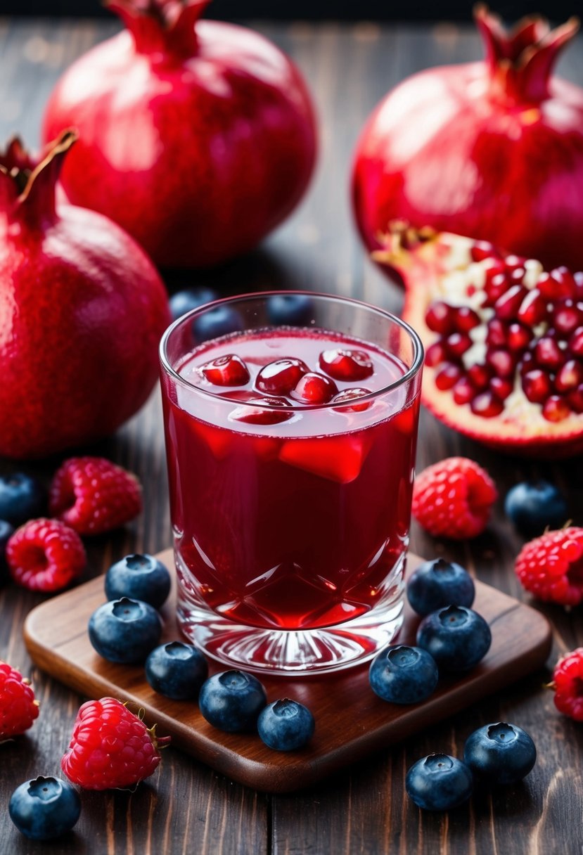 A glass filled with vibrant red Pomegranate Berry Blast juice surrounded by fresh pomegranates, blueberries, and raspberries on a wooden table