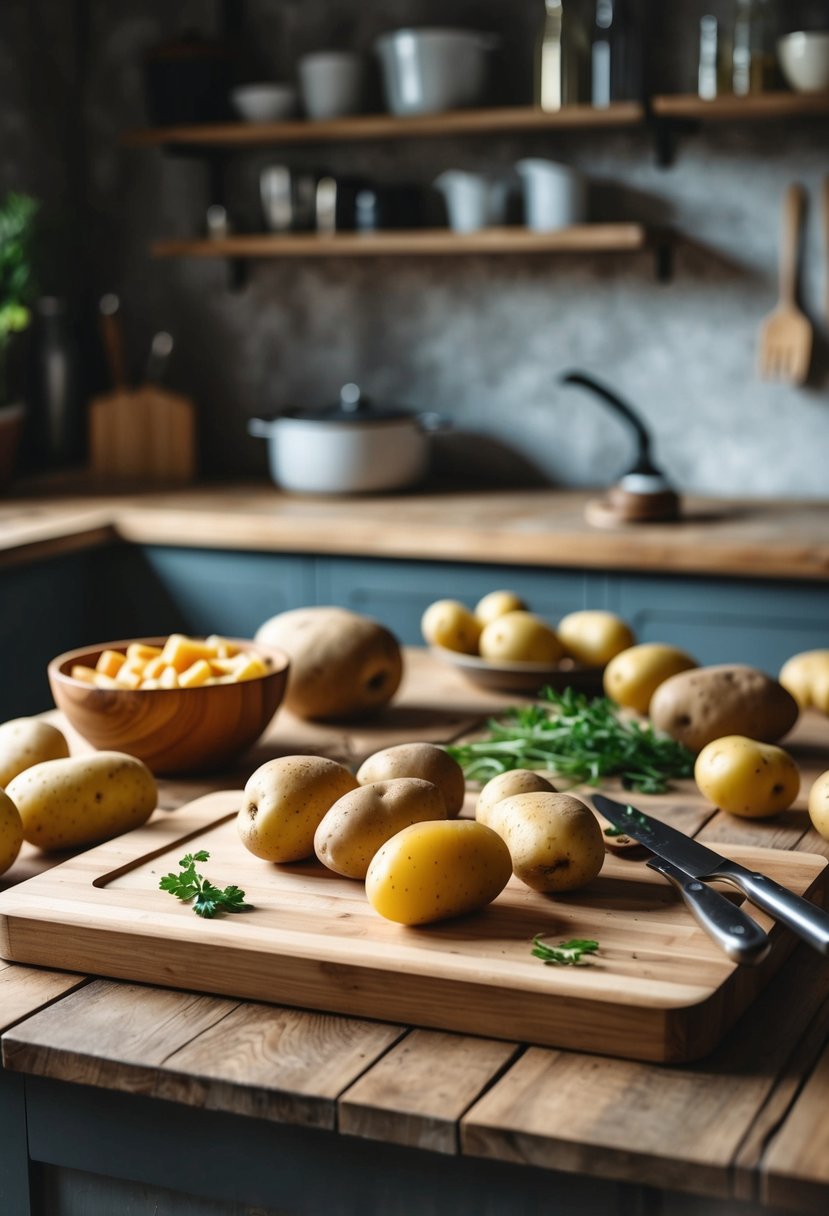 A rustic kitchen with a wooden cutting board, various types of potatoes, and kitchen utensils scattered around