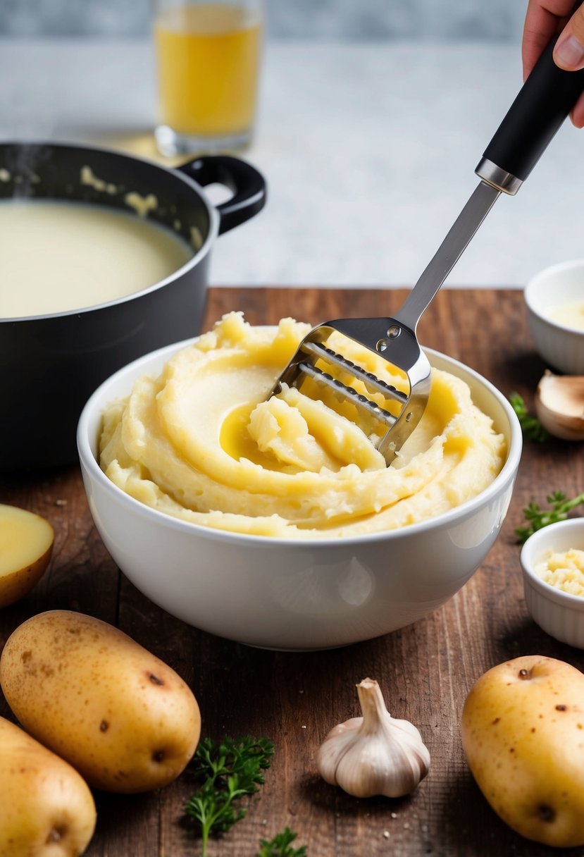 A bowl of creamy garlic mashed potatoes being prepared with peeled and boiled potatoes, a pot of simmering garlic-infused milk, and a hand-held masher