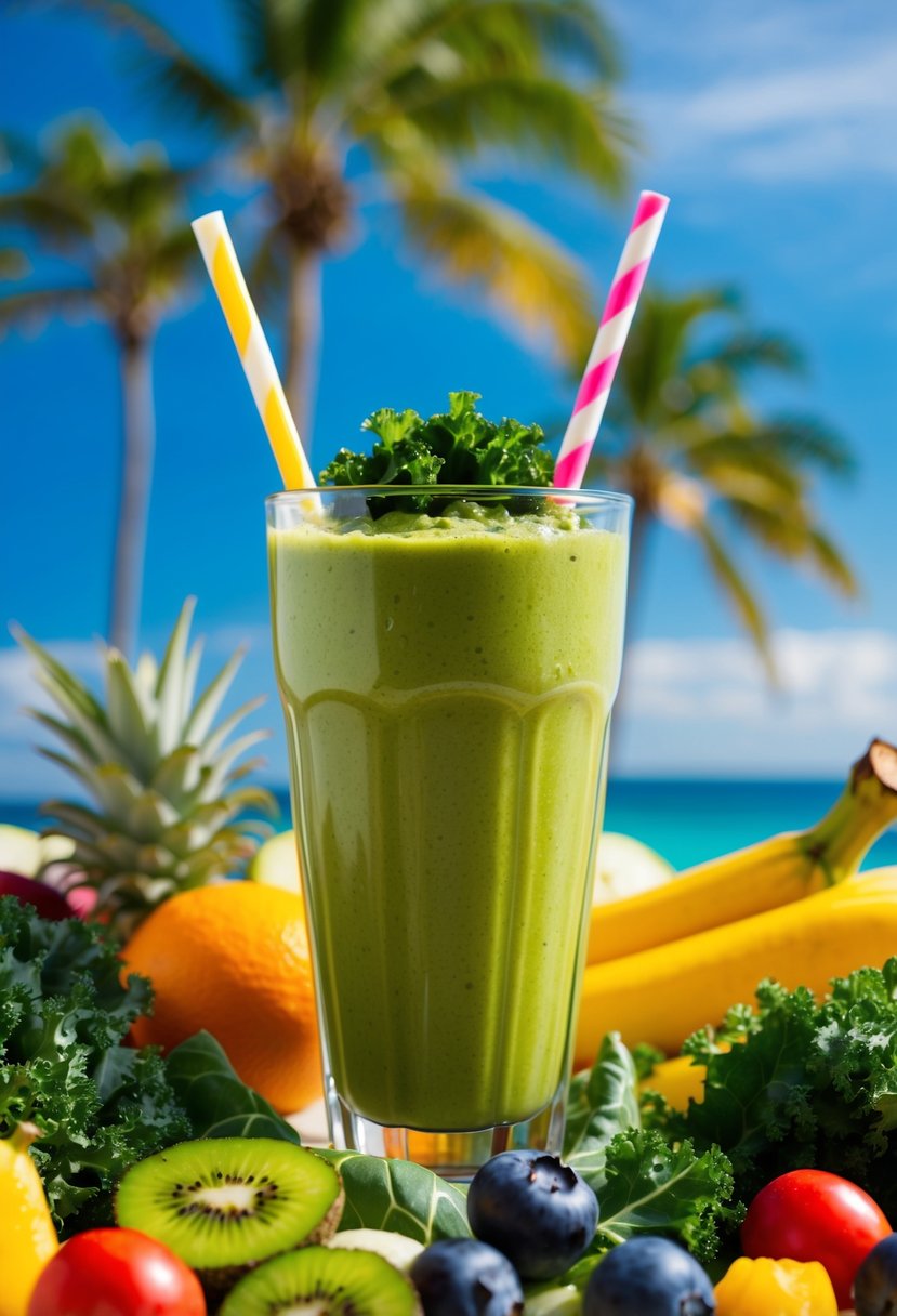 A vibrant tropical kale smoothie surrounded by fresh fruits and vegetables, with a backdrop of palm trees and a bright blue sky