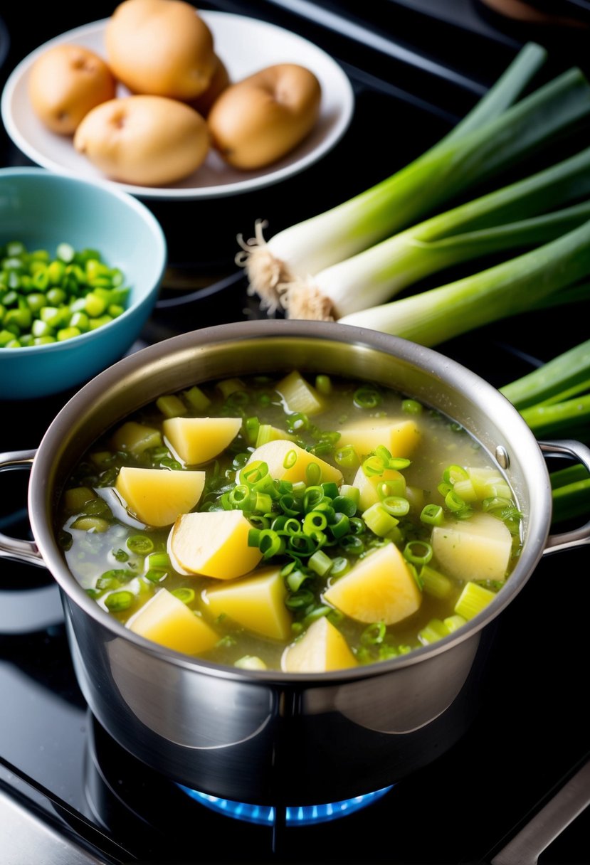 A pot on a stove with simmering potato leek soup, surrounded by fresh potatoes, leeks, and other ingredients