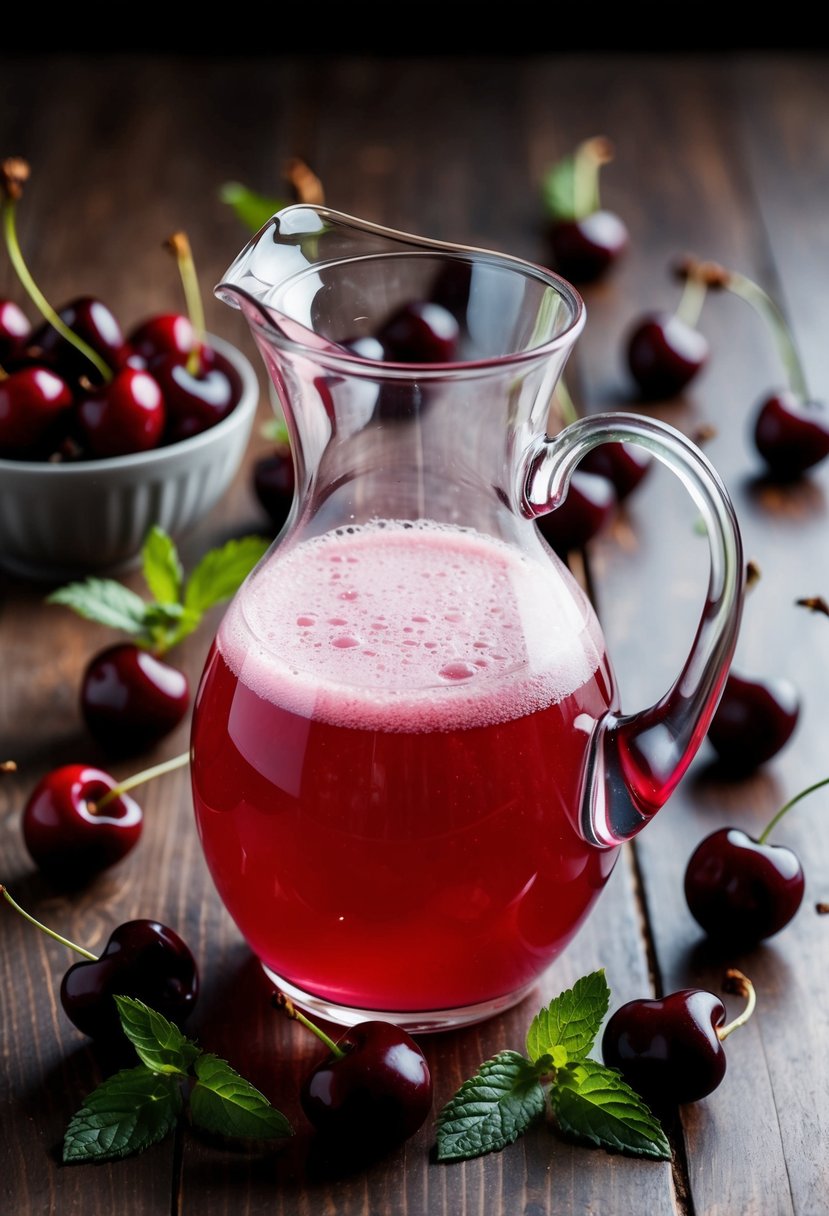 A glass pitcher filled with cherry mint sparkle juice surrounded by fresh cherries and mint leaves on a wooden table