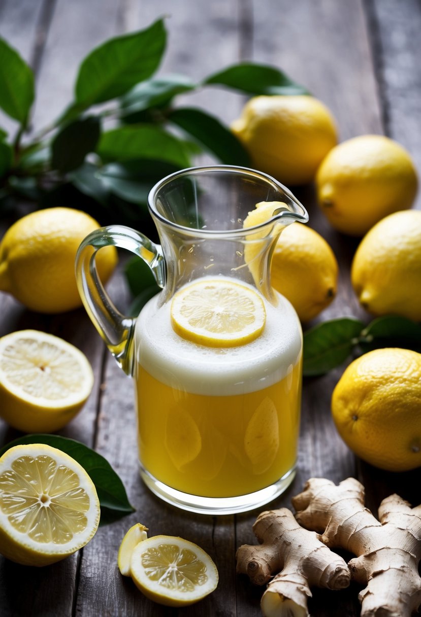 A glass pitcher filled with lemon and ginger juice surrounded by fresh lemons and ginger root