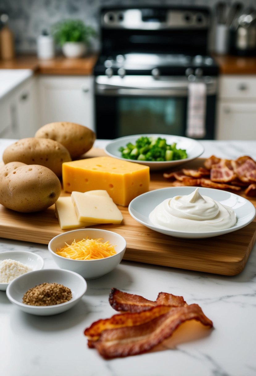 A kitchen counter with ingredients: potatoes, cheese, sour cream, bacon, and spices