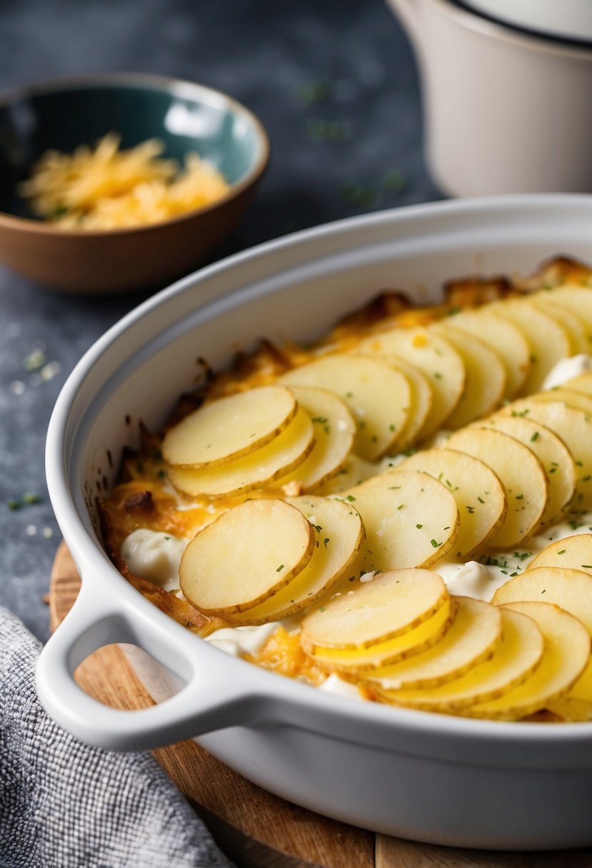 A baking dish filled with layers of thinly sliced potatoes, cream, and cheese, ready to be baked into a golden, bubbling potato gratin