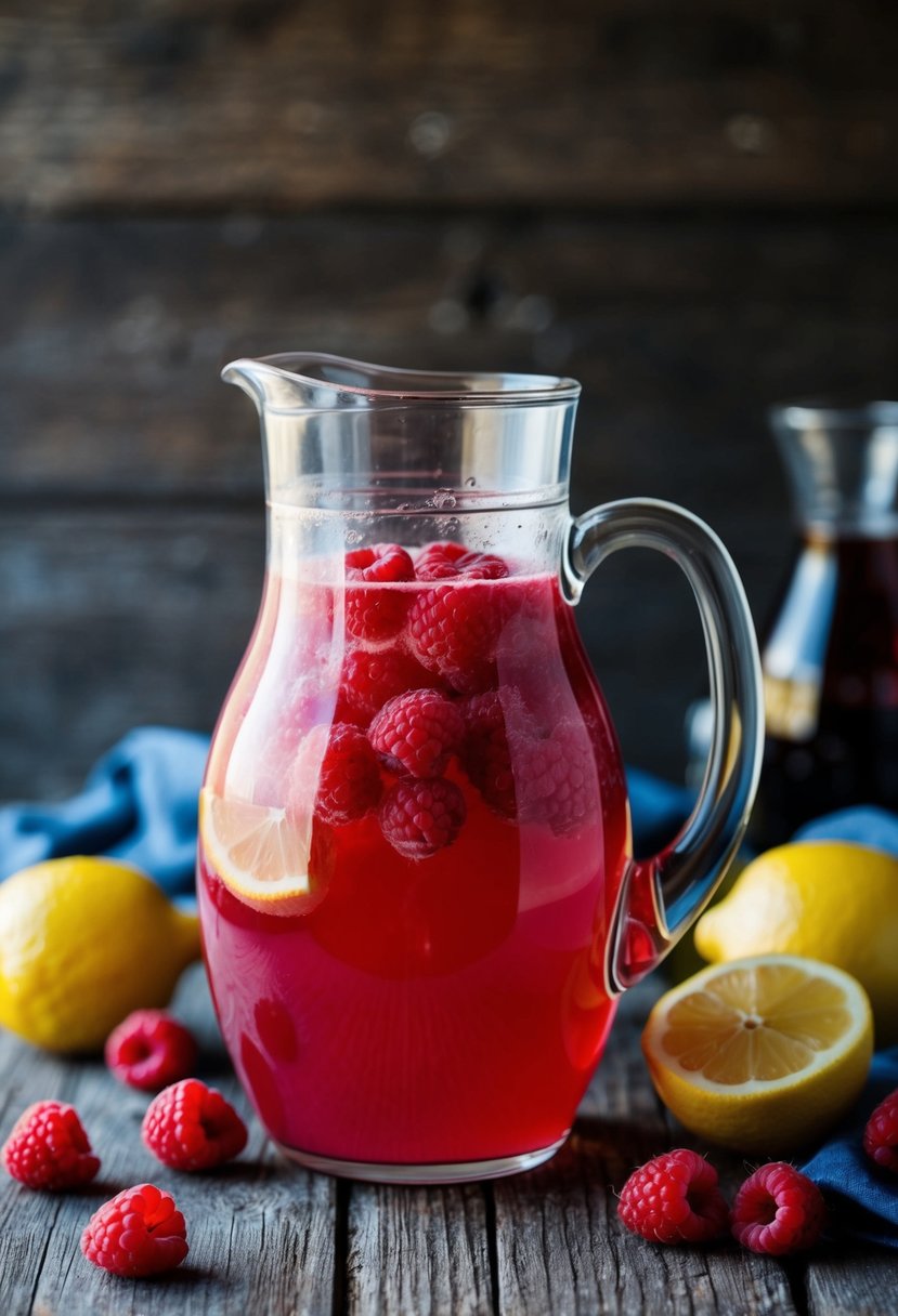 A pitcher of raspberry lemonade fusion juice surrounded by fresh raspberries and lemons on a rustic wooden table