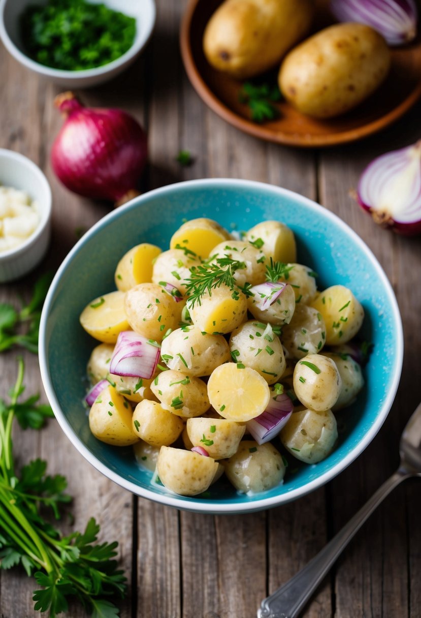 A rustic wooden table with a bowl of creamy potato salad, surrounded by fresh ingredients like potatoes, onions, and herbs