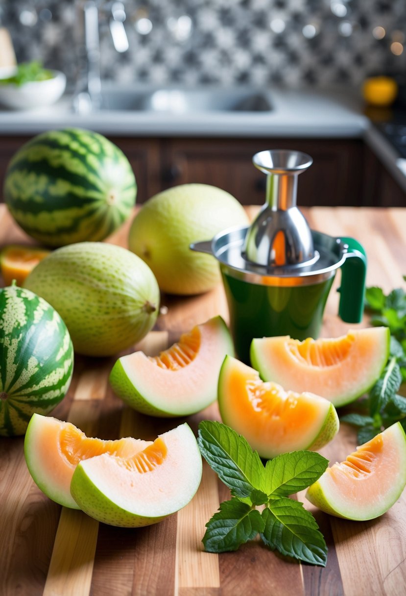 A variety of honeydew melons, mint leaves, and a juicer on a wooden countertop