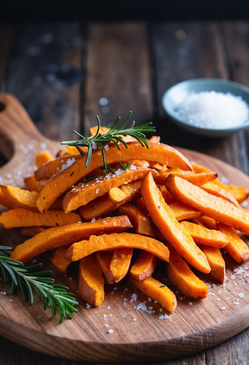 A pile of golden sweet potato fries arranged on a rustic wooden cutting board, garnished with sprigs of fresh rosemary and a sprinkle of sea salt