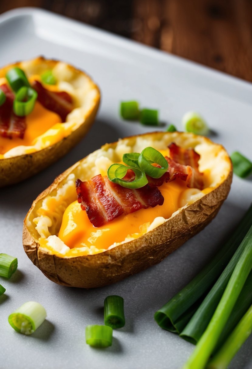 A table with baked potato skins, cheese, bacon, and green onions