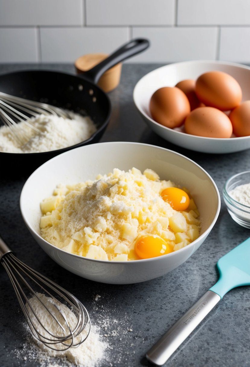 A kitchen counter with a bowl of grated potatoes, eggs, and flour, surrounded by a whisk, skillet, and spatula