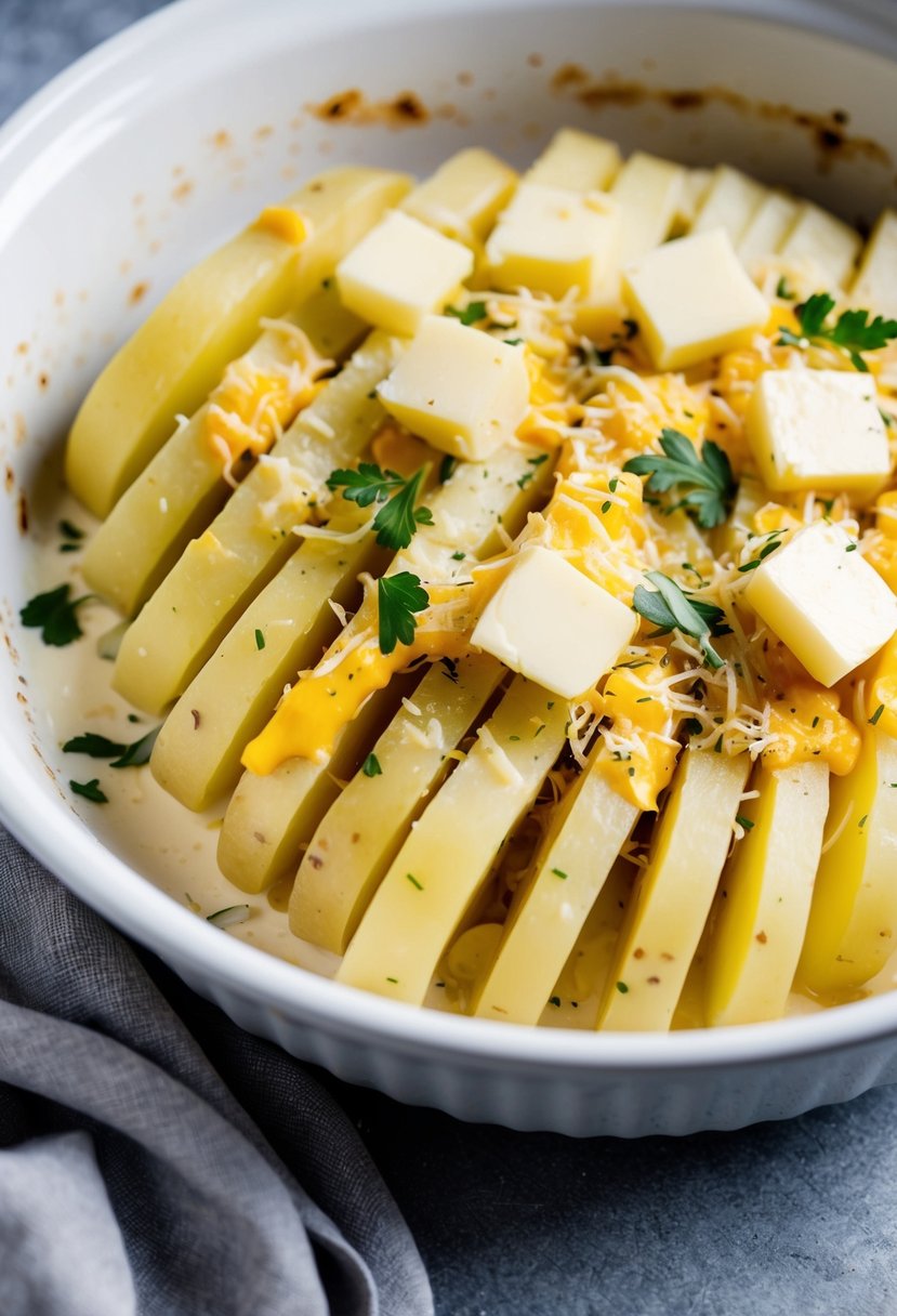 A bowl of sliced potatoes layered with creamy sauce in a baking dish. Butter, cheese, and herbs are sprinkled on top