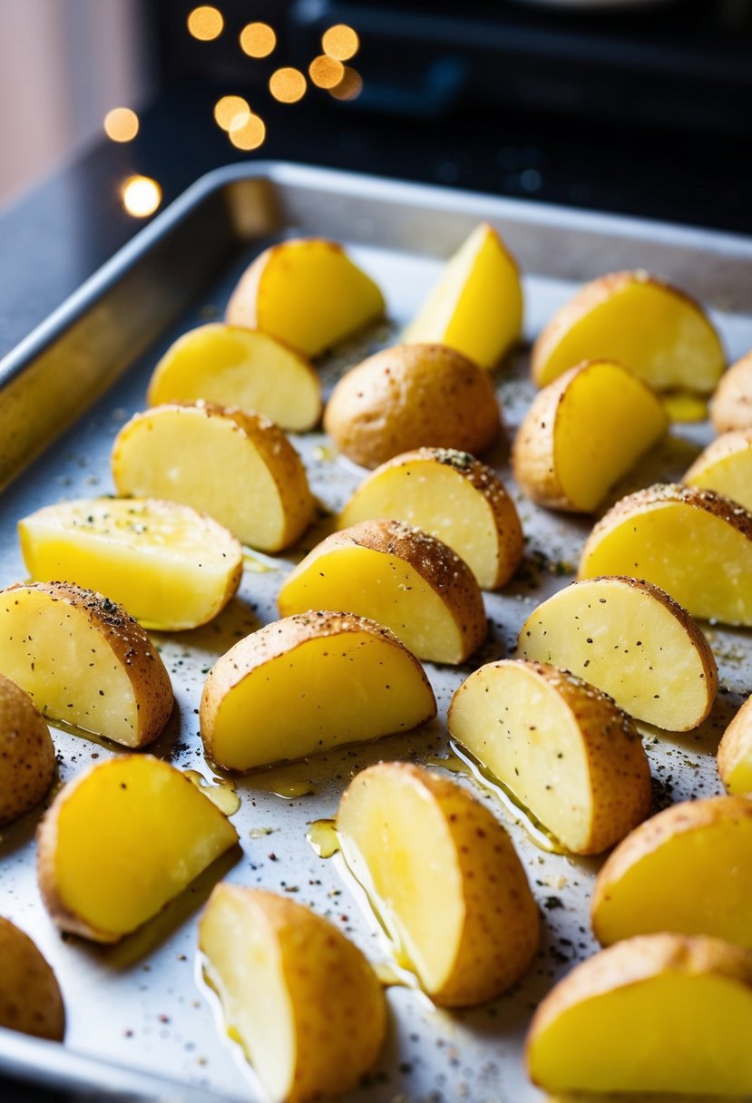 Freshly cut potato wedges arranged on a baking sheet with a drizzle of oil and sprinkling of seasoning