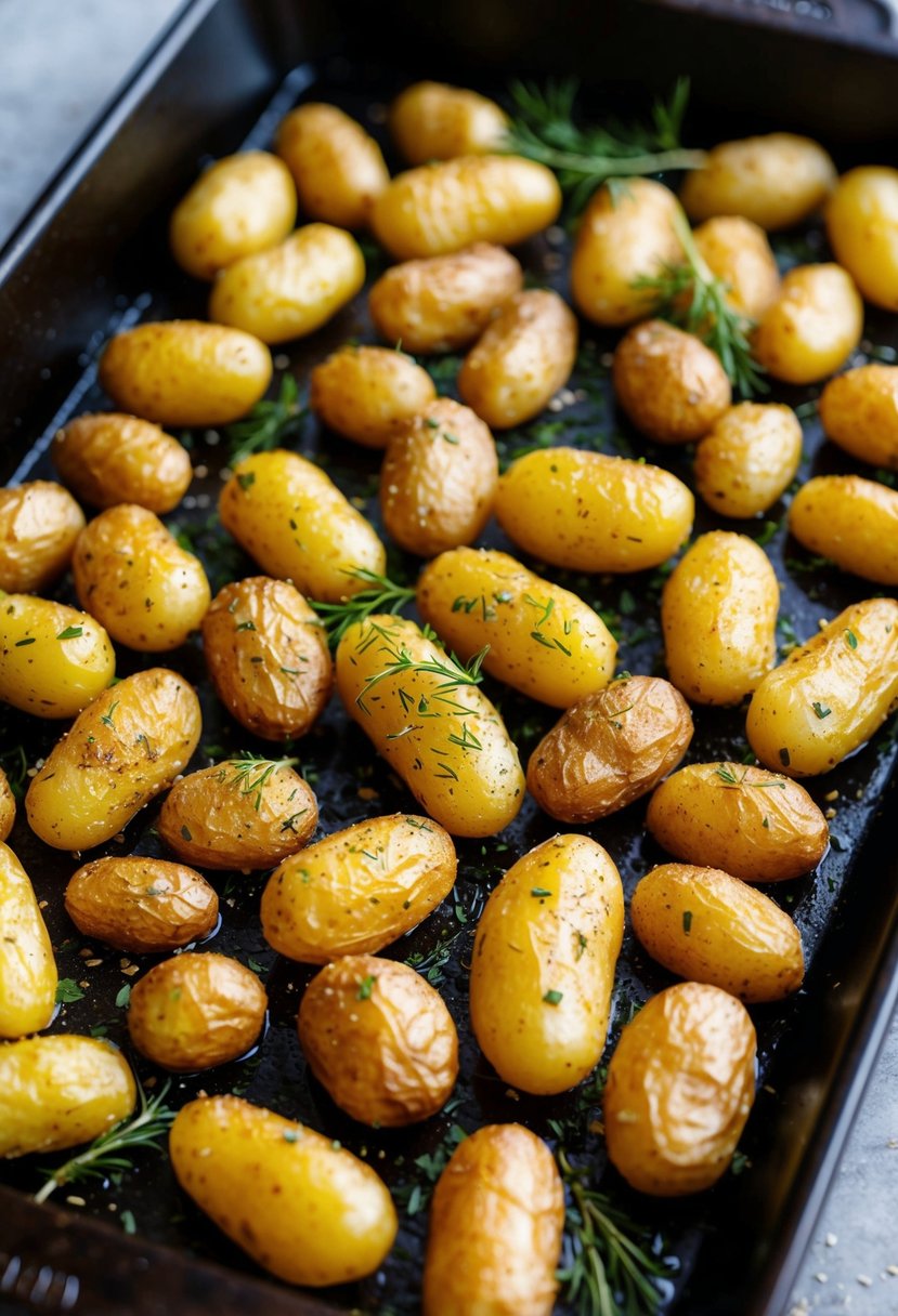 A pan of golden roasted fingerling potatoes with herbs and seasoning