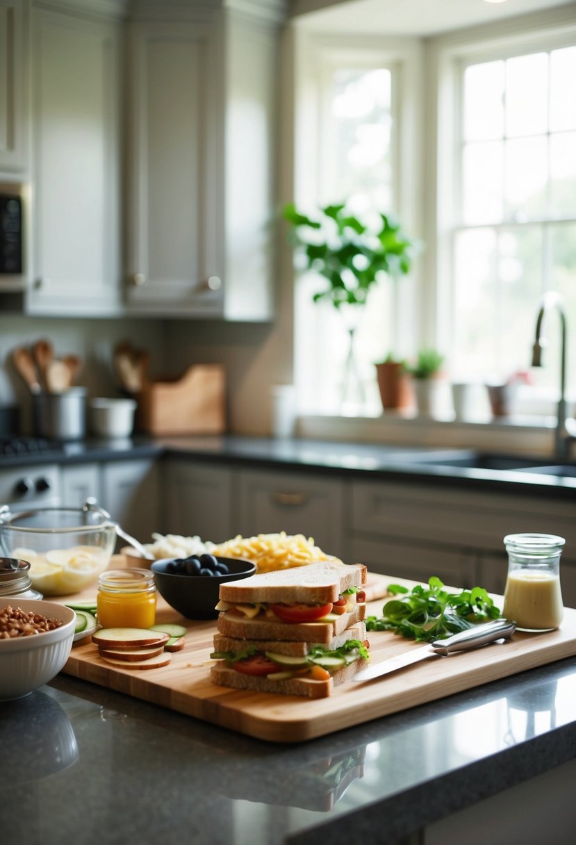 A kitchen counter with various ingredients and utensils for making sandwiches