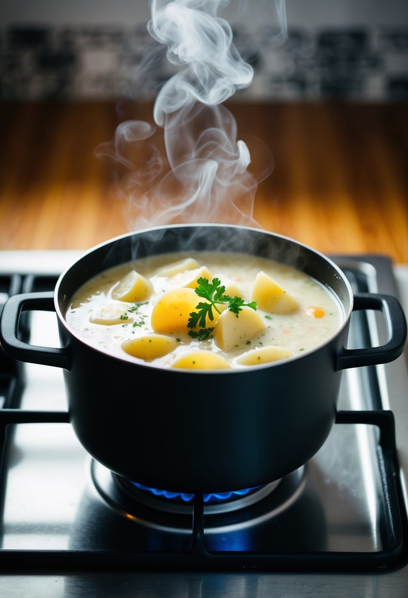 A pot of creamy potato soup simmering on a stovetop, steam rising and potatoes visible in the broth