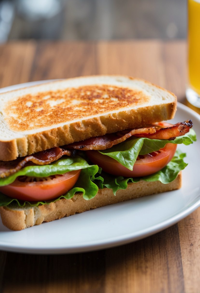 A classic BLT sandwich on a white plate with crispy bacon, fresh lettuce, and juicy tomatoes between two slices of toasted bread