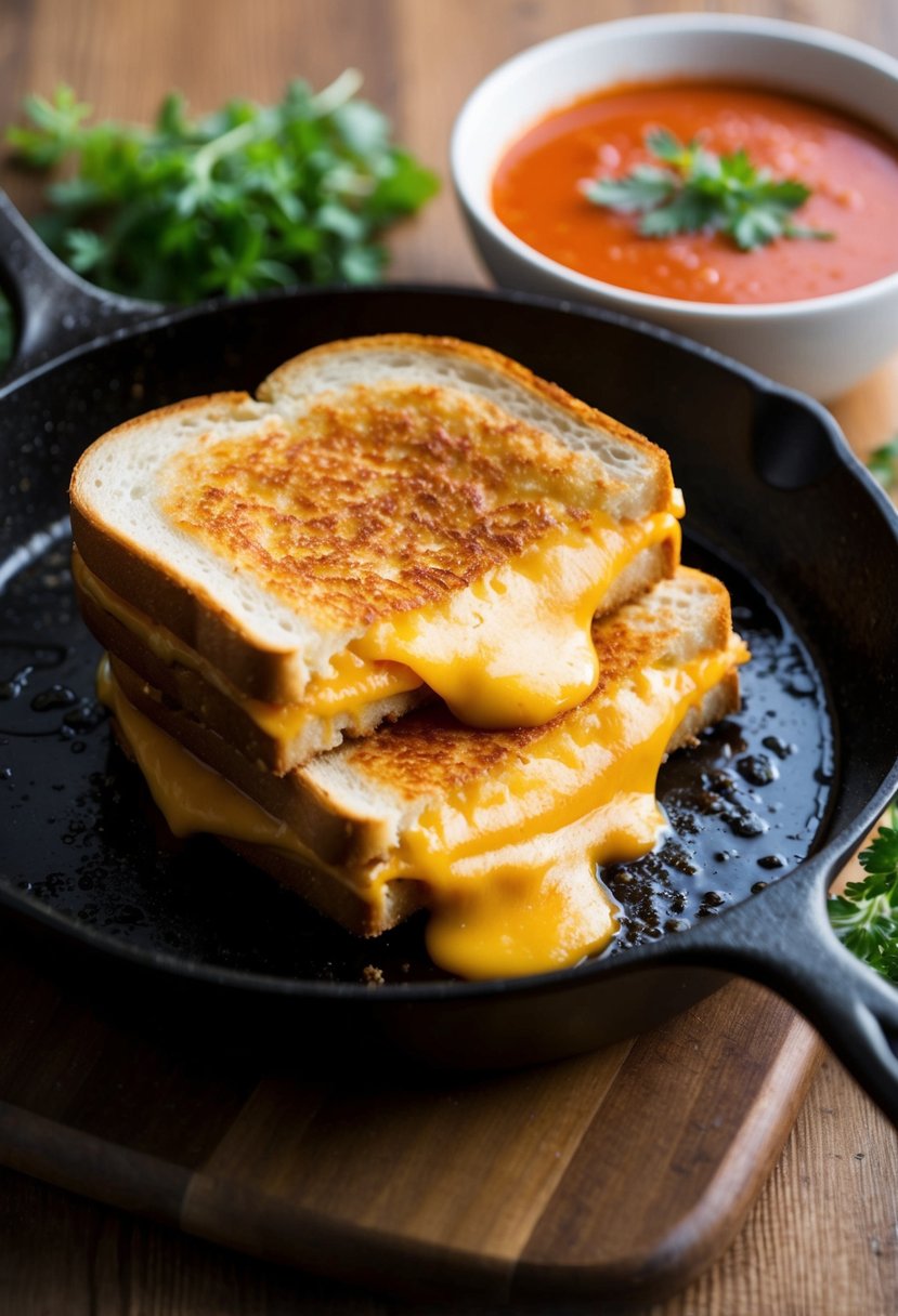 A sizzling skillet holds two golden-brown grilled cheese sandwiches with gooey melted cheese oozing out from between the crispy slices of bread. A side of tomato soup and a garnish of fresh herbs complete the scene