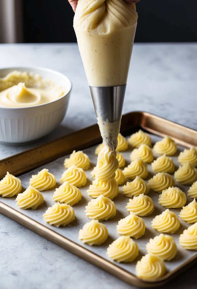 A bowl of mashed potatoes being piped onto a baking sheet in rosette shapes