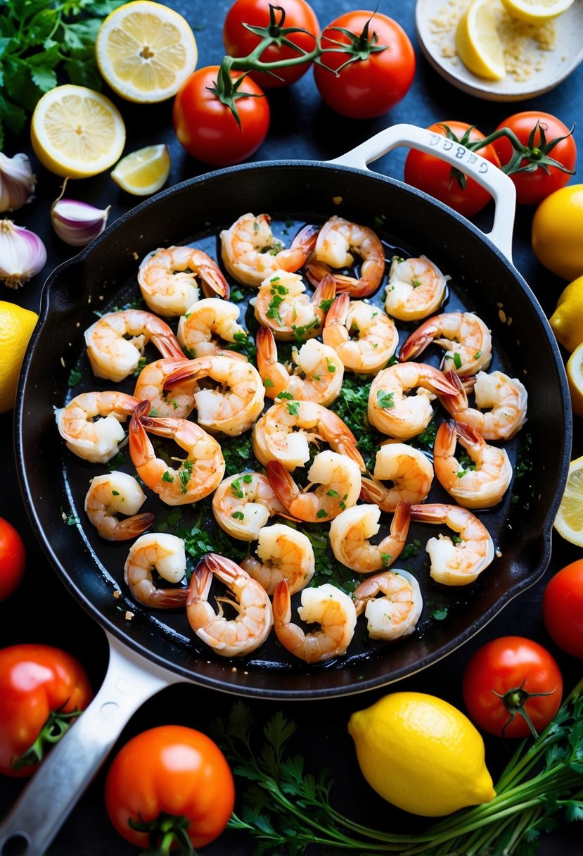 A sizzling skillet of jumbo shrimp, garlic, and herbs, surrounded by vibrant, fresh ingredients like tomatoes, peppers, and lemons