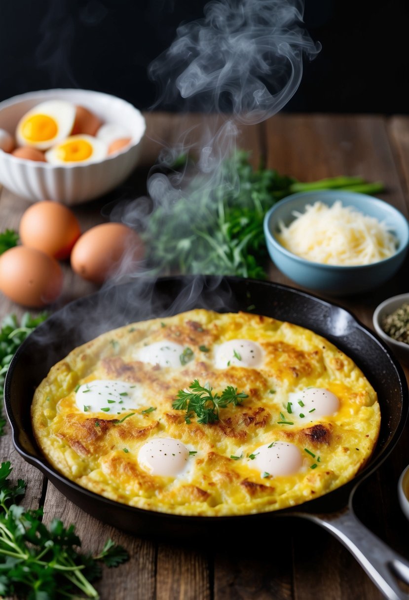 A sizzling skillet with a golden-brown potato frittata, steam rising, surrounded by fresh ingredients like eggs, cheese, and herbs