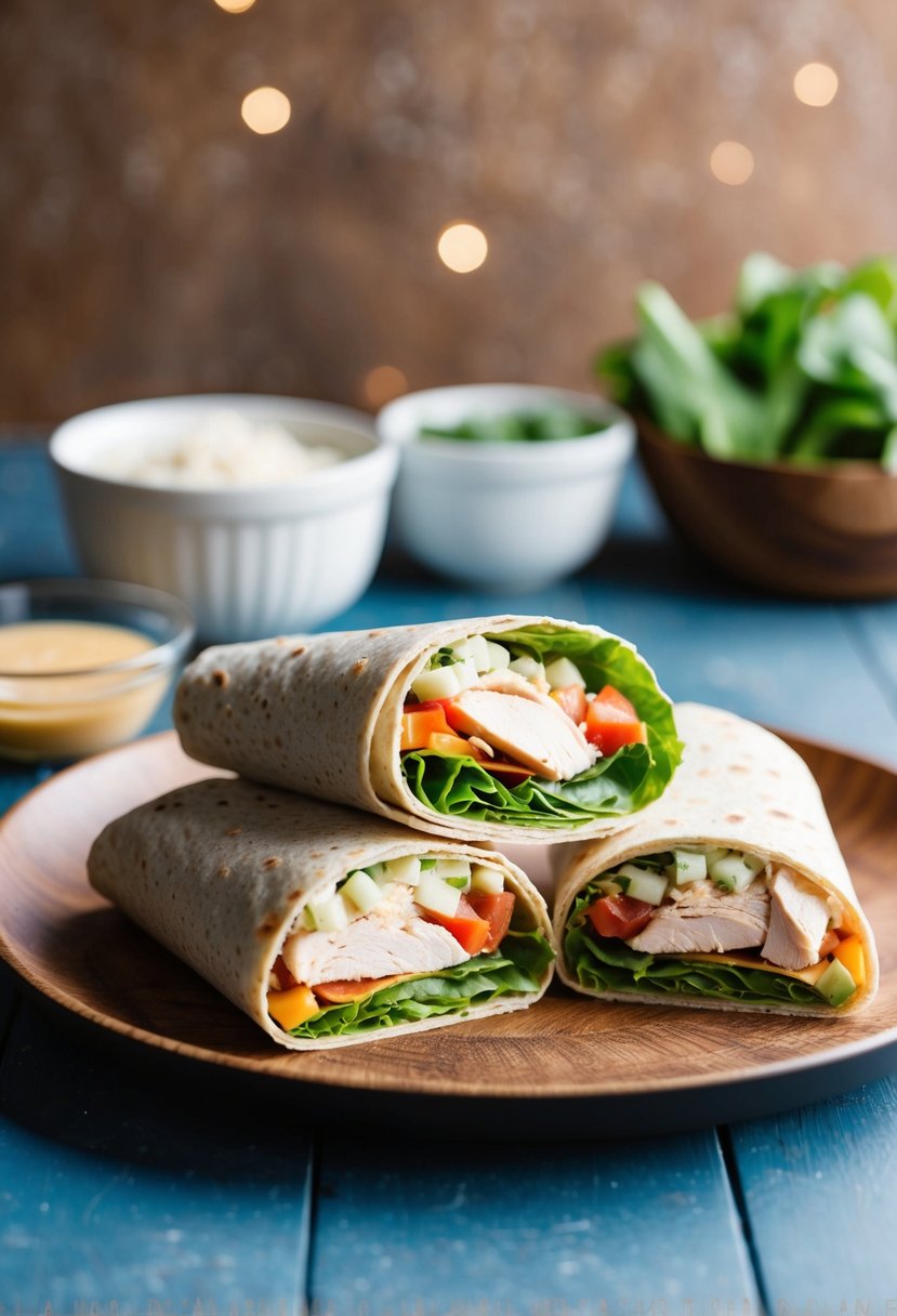 A table set with ingredients for Chicken Caesar Wrap sandwiches