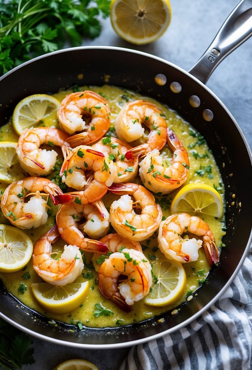 A sizzling skillet of jumbo shrimp, coated in a zesty garlic lemon sauce, surrounded by fresh herbs and slices of lemon