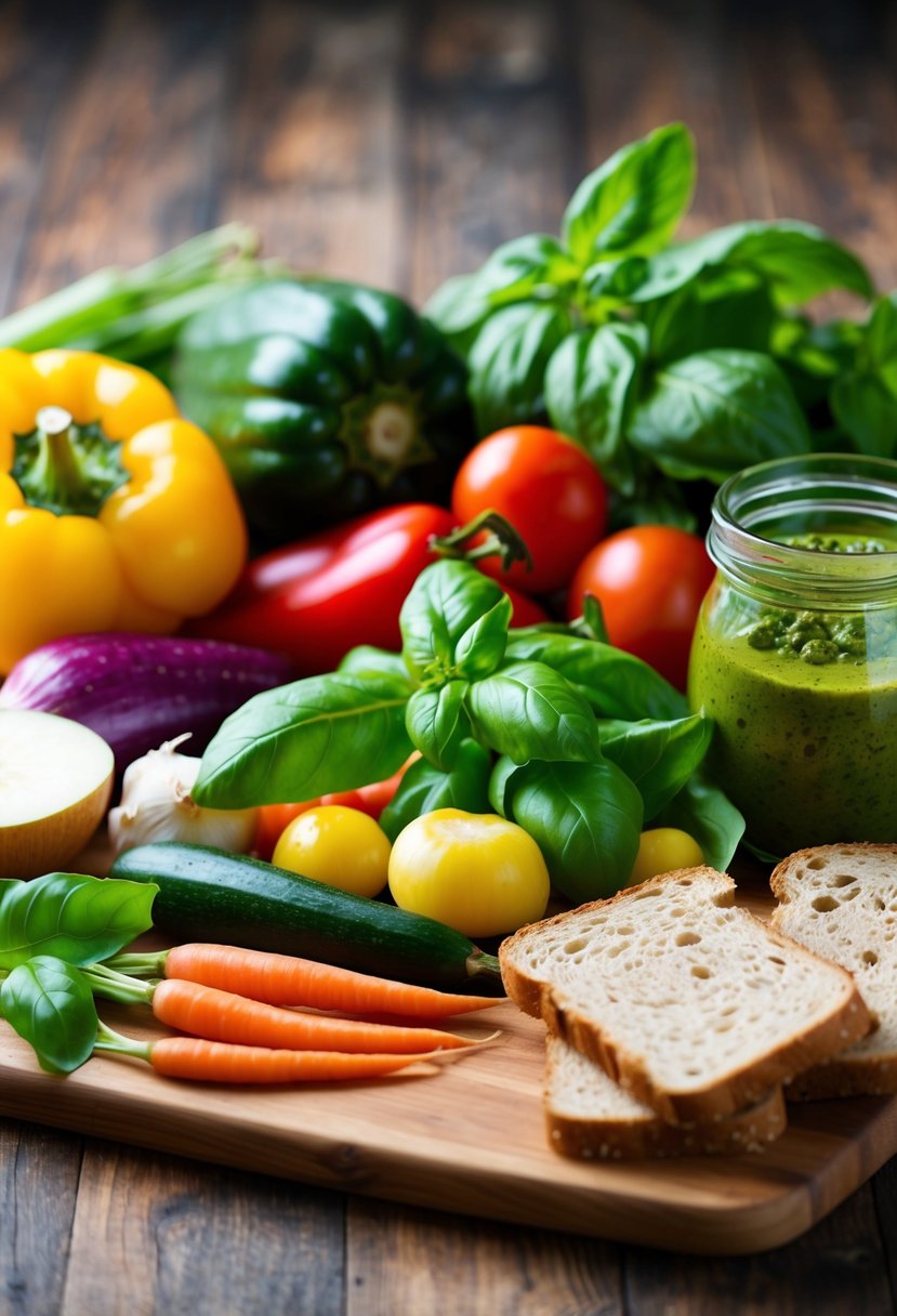 A colorful array of fresh vegetables, basil leaves, and a jar of pesto sauce arranged on a wooden cutting board next to slices of whole grain bread