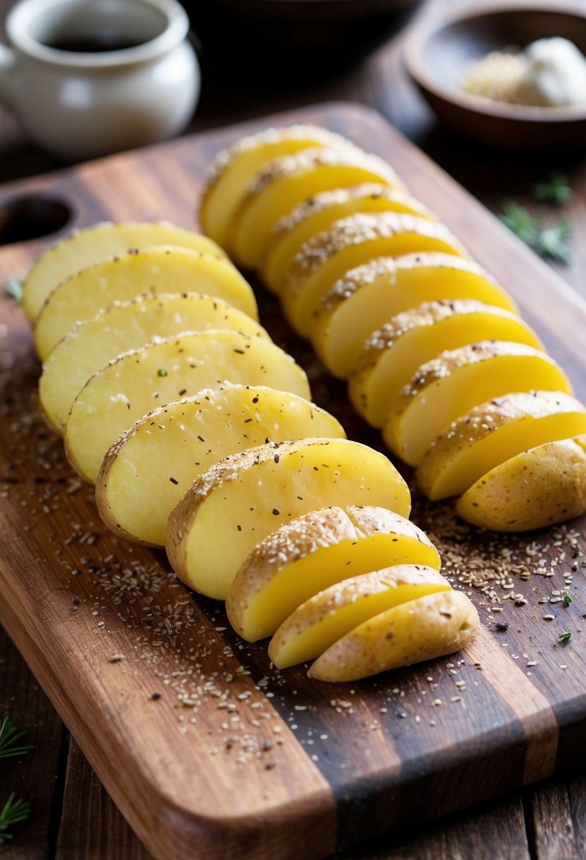 A rustic wooden cutting board with sliced potatoes fanned out and seasoned, ready for baking