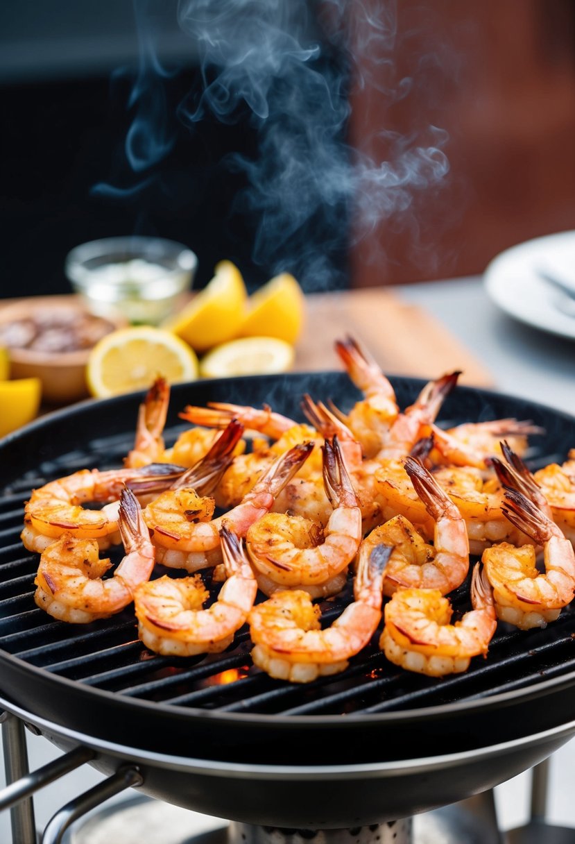 A platter of Cajun spiced grilled jumbo shrimp, sizzling on a hot grill with a smoky aroma rising into the air