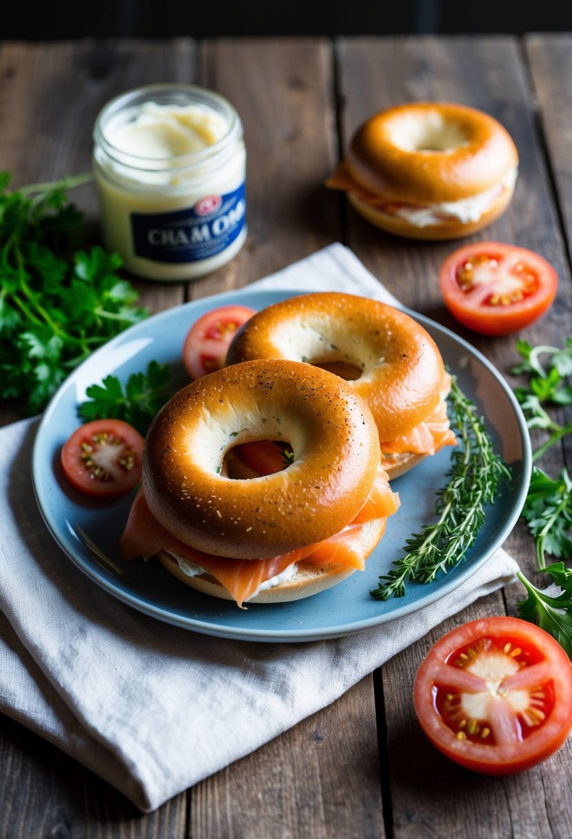 A rustic wooden table with a plate of smoked salmon bagel sandwiches, surrounded by fresh herbs, sliced tomatoes, and a jar of cream cheese