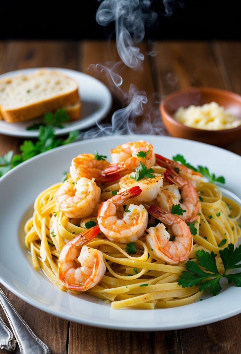 A steaming plate of shrimp scampi with linguine, garnished with fresh parsley and served with a side of garlic bread